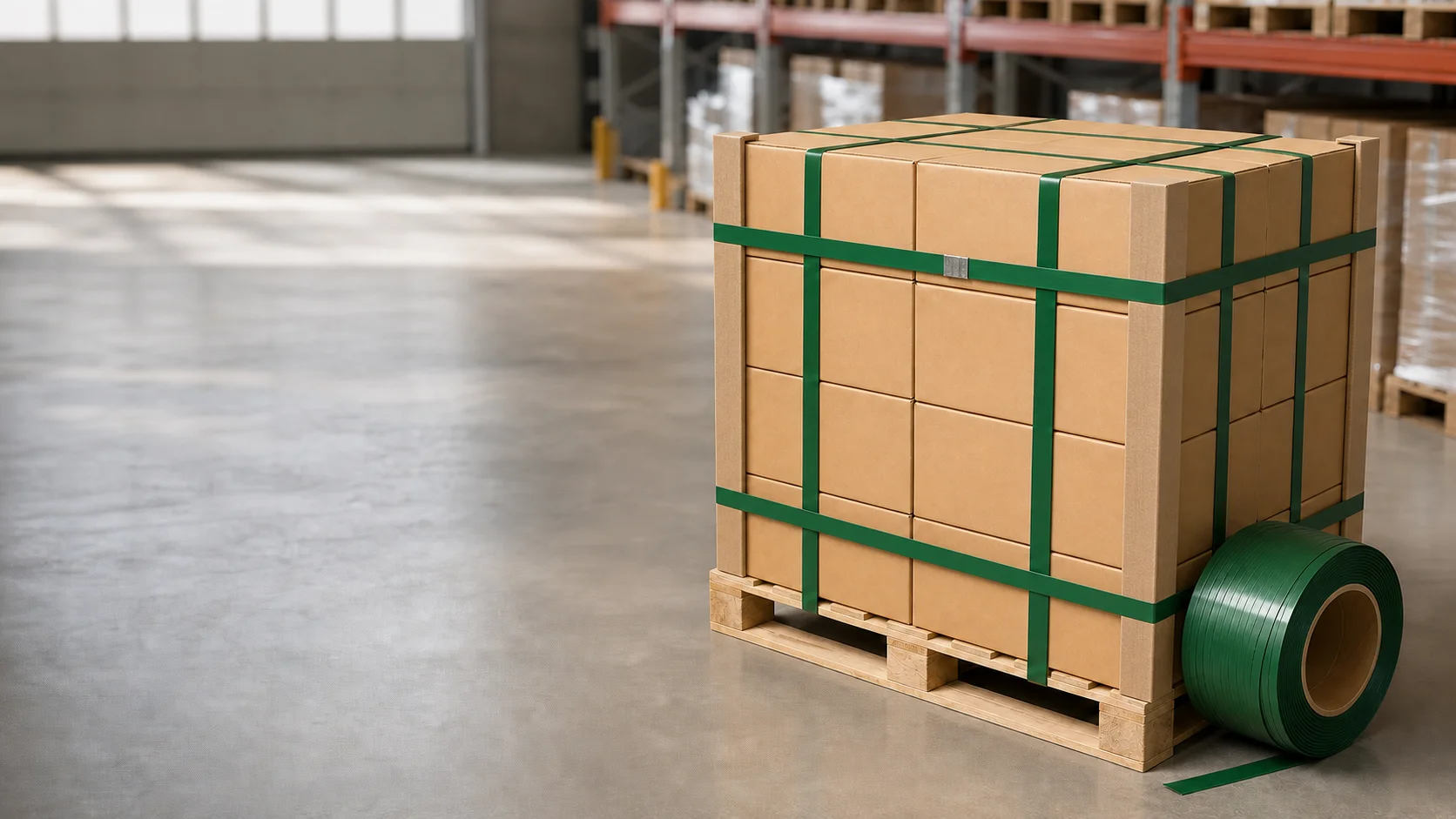 Box load protected with paperboard corner protectors and plastic strapping on a pallet