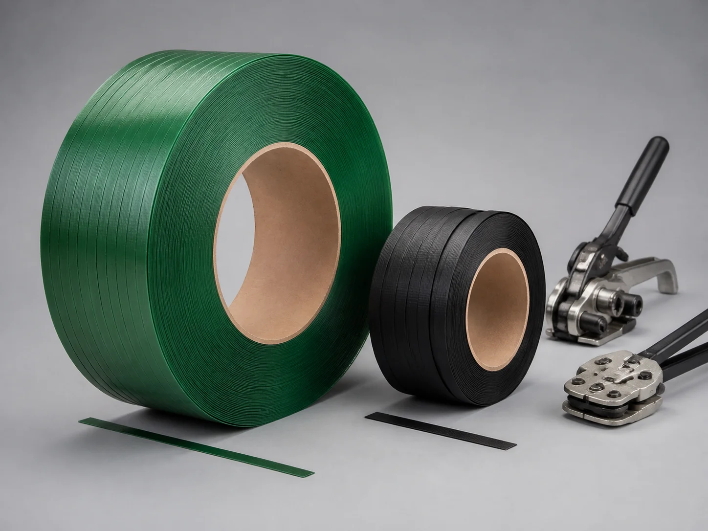 Rolls of PET and PP plastic strapping with application tools
