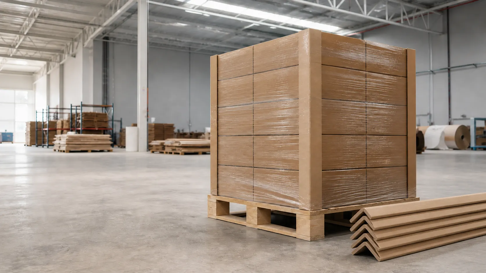 Paperboard corner protectors protecting a load on a pallet