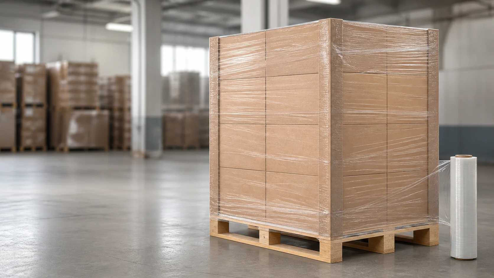 Box load protected with stretch film and paperboard corner protectors on a pallet
