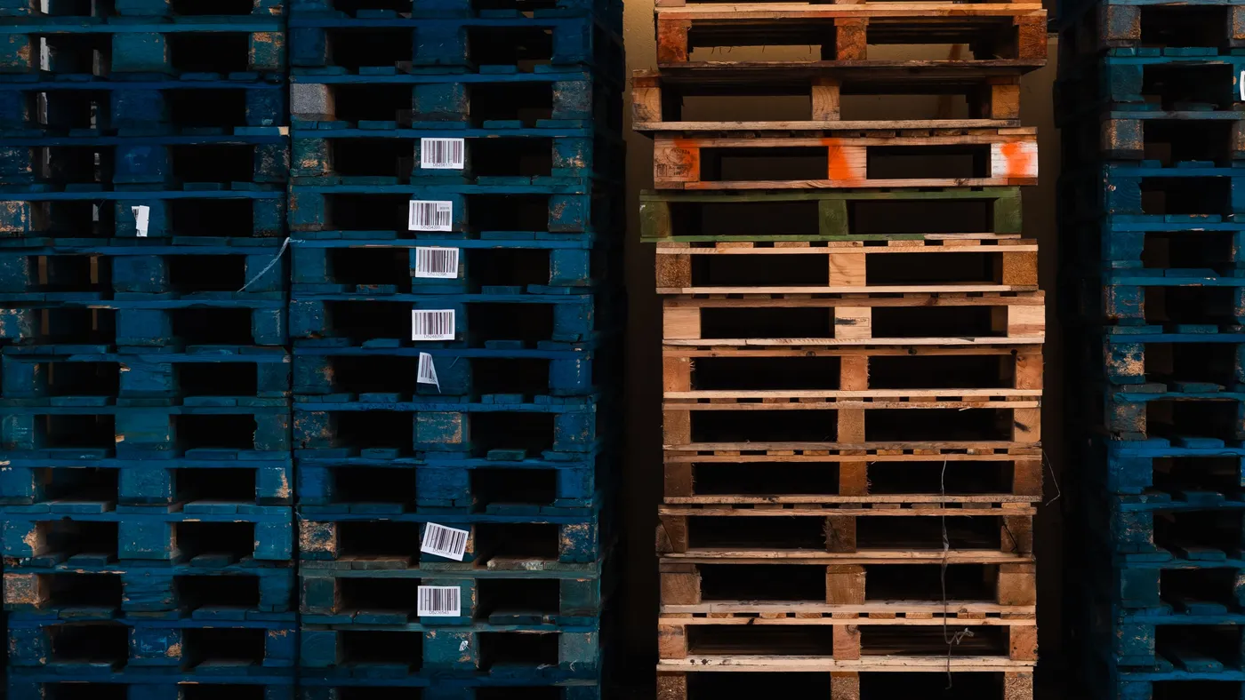 Wooden pallets organized for storage and material handling